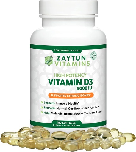 [BRSWYFARCVYAY3L6] Zaytun Halal Vitamin D3 5000 IU, 180 Mini Softgels, Supports Bones, Healthy Muscle Function & Immune, Premium Vitamin D from Safflower Oil, 6 Months Supply, Non-GMO, Gluten-Free, Made in USA