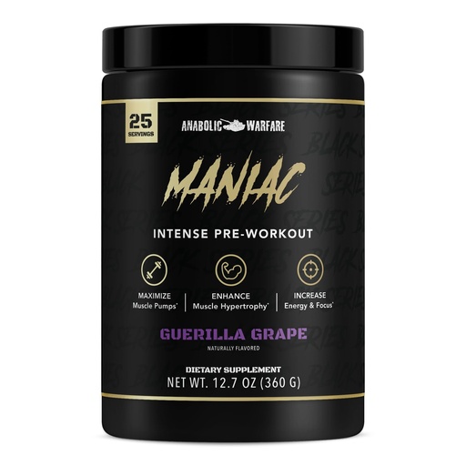 [BRSRMYYOPIPWEDLJ] Anabolic Warfare Black Series Maniac, Pre-Workout Powder, Supports Nitric Oxide, Muscle Pumps, and Protein Synthesis* Guerilla Grape