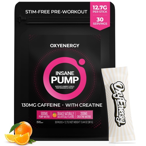 [BRSRGHD3AR6QIE3L] OxyEnergy Pre Workout Powder -Orange, Non Stim 130mg Low Caffeine, On-The-Go Packets with Beta Alanine, Creatine Monohydrate & Taurine for Sensitive Users, Women, Evening Workouts - 30 Servings