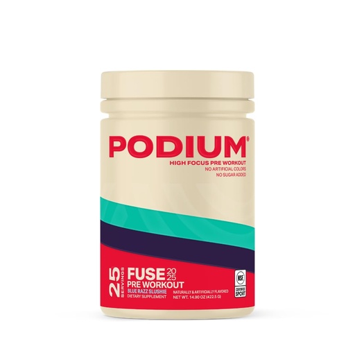 [BRSREYL4OYIRYHTX] Podium Nutrition, Fuse 2025 Pre Workout Powder, Blue Razz Slushie, 25 Servings, Beta Alanine and Caffeine for Energy, Gluten, Soy and Dairy Free