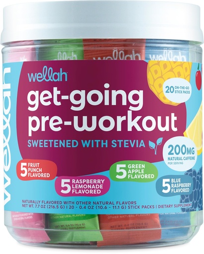 [BRSREHQEAECWG33F] Wellah Get-Going Pre-Workout Packets (Variety Pack), 200mg Natural Caffeine | 20 Stick Packs, Stevia-Sweetened, with Citrulline Malate and L-Theanine, & 1000mg of Beta-Alanine