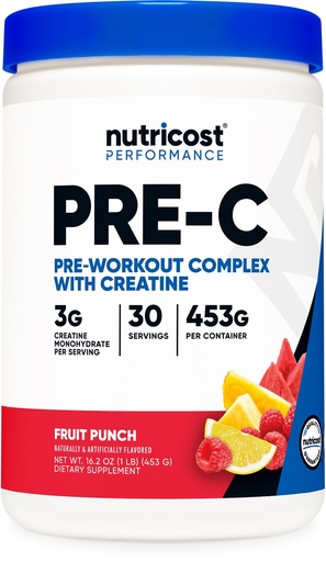 [BRSROHD2CR6GAYDP] Nutricost Pre-C Pre-Workout Complex with Creatine (Fruit Punch | 30 Servings) Powder - Boost Fintess Routines, 453g