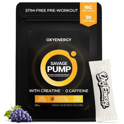 [BRSRGAYOCUOWGC3Z] OxyEnergy Nitric Oxide Booster, Max Pump Non Stim Pre Workout Powder for Men, with Beta Alanine, L Citrulline, Creatine for Circulation, Muscle Pumps, Endurance, Grape, On-The-Go Packet- 30 Servings