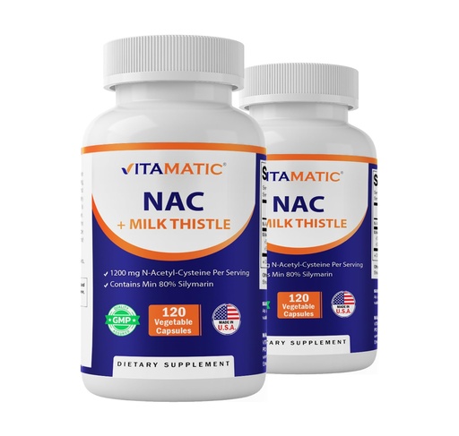 [BRSREFA6BYMAKDLF] Vitamatic NAC Supplement N-Acetyl-L-Cysteine (NAC) with Milk Thistle 50:1 Extract - Supports Immune, Respiratory, Liver Health, 1200 mg per Serving, 120 Veg Capsules - 2 Pack
