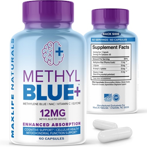 [BRSREYILBN6ROCD7] MAXLIFE NATURALS Pure Methylene Blue Capsules, Ultimate Methylene Blue Pharmaceutical Grade 12mg - 60 Capsules with Vitamin C Ester & NAC Glycine, Supports Cellular & Cognitive Function, Made in USA