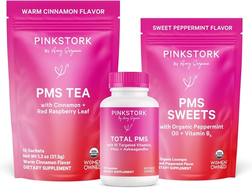 [BRSW2GQCCUCGCETA] Pink Stork PMS Support Trio: Period Relief Supplements, Cinnamon Tea, + Peppermint Sweets, Menstrual Support, First Period Kit, Hormone Balance for Healthy Menstrual Cycle, Women-Owned