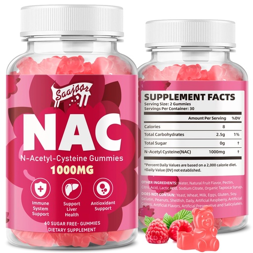 [BRSRABIROJ5WM3TA] NAC Gummies Sugar-Free, N-Acetyl Cysteine NAC Supplement 1000mg for Antioxidants, Immune Support, Non-GMO, Gluten-Free, Vegan – Raspberry Flavor, 60 Gummies
