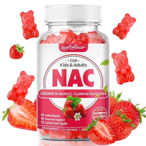 [BRSREYYNO4MGCFDO] softbear NAC Gummies for Kids & Adults, NAC Supplement 1000mg N Acetyl Cysteine Supports Lung & Liver Health, Antioxidants & Immune System, Strawberry Flavor 60 Count