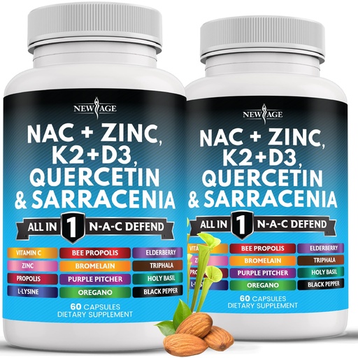 [BRSRABIBOQMRAYAU] NEW AGE NAC Supplement N-Acetyl Cysteine- with Vitamin D3, K2, Zinc, Quercetin, Triphala, Sarracenia Purpurea, Elderberry, Holy Basil, Bee Propolis, Bromelain, L-Lysine - 120 Count