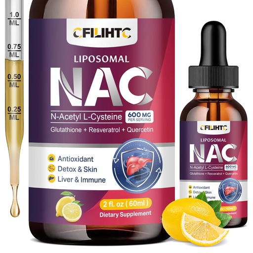 [BRSREAQ6CQJR6ET6] Liposomal Liquid NAC Supplement N-Acetyl Cysteine Drops, N Acetyl Cysteine 600mg with Glutathione, Resveratrol & Zinc for Adults & Kids Liver Lung Antioxidant Immune & Skin Health, Lemon 2 Fl Oz