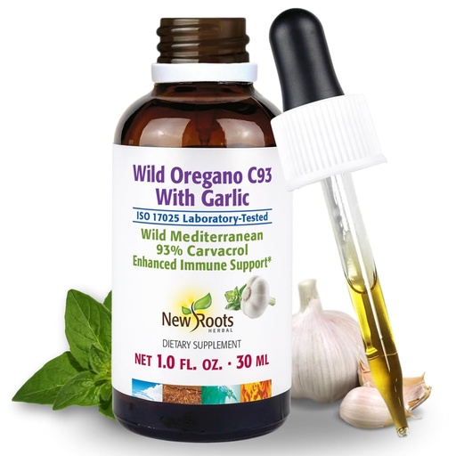 [BRSRAFIHAFYBME3L] NEW ROOTS HERBAL Wild Oregano Oil Tincture with Garlic (1 fl oz) | 93% Carvacrol Oregano Oil Drops, Enhanced Immune Support Supplement l Non GMO, Vegan, GMP Certified