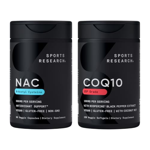 [BRSRGAYBCB5WK2Q4] Sports Research® Antioxidant Support Pack - N-Acetyl L-Cysteine (NAC) 600mg, CoQ10 100mg Enhanced w/Coconut Oil & Bioperine - Vegan · Non-GMO · Gluten Free
