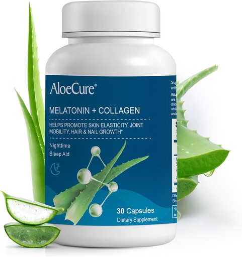 [BRSWYH34CEFR4HLA] AloeCure Natural Melatonin + Collagen with Organic Aloe Vera - Natural Sleep Aid Supplement for Restful Nights - Collagen Complex for Joint Strength, Skin Elasticity, Hair & Nail Growth, 30 Capsules