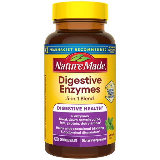 [BRSRGHD4A4FBECL5] Nature Made Digestive Enzymes 5-in-1 Blend, Digestive Health Support, 90 Chewable Tablets, 30 Day Supply