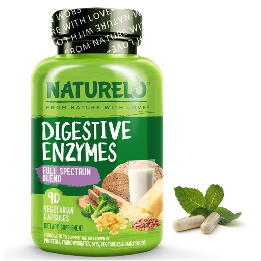 [BRSW2ZI5DEDROG34] NATURELO Digestive Enzymes - Full Spectrum Support with a Broad Blend of 15 Enzymes Plus Ginger - 90 Vegan Capsules