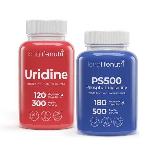 [BRSREHYFCMARMGTP] LongLifeNutri Uridine Monophosphate 300 mg & Phosphatidylserine 500 mg Bundle – 120 + 180 Veg Caps, 4 & 3 Month Supplies, Nucleotide & Phospholipid Support, Non-GMO, GMP Certified, Made in USA