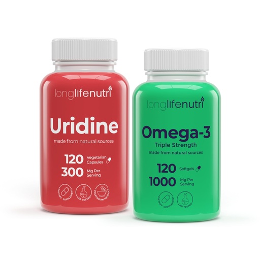 [BRSREHYFBZ6WY3LD] LongLifeNutri Uridine Monophosphate 300 mg & Omega-3 Fish Oil 1000 mg Bundle – 120 + 120 Softgels/Veg Caps, 4 & 4 Month Supplies, Nucleotide & Essential Fatty Acid Support, GMP Certified, Made in USA