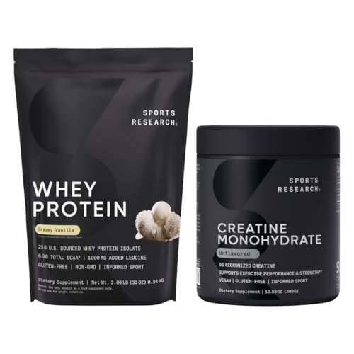 [BRSREHT3CUIBOCY6] Sports Research® Creatine Monohydrate (60 Servings) & Vanilla Whey Protein (26 Servings), The Dynamic Duo for Lean Muscle Building, Improved Performance, Strength & Workout Recovery - Sports Nutrition