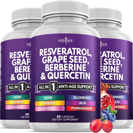 [BRSRAZTROYHGA2YZ] NEW AGE Resveratrol, Berberine, Grape Seed Extract, Quercetin, Polyphenol Supplement for Women and Men with Noni, N-Acetyl Cysteine, Acai - 180 Capsules