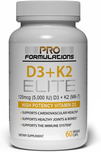 Pro Formulacije MD D3 + K2 Elite – Vitamin D3 + Vitamin K2 – 60 Dnevna dobava – Visoka stopnja, Biorazpoložljiva MK-7