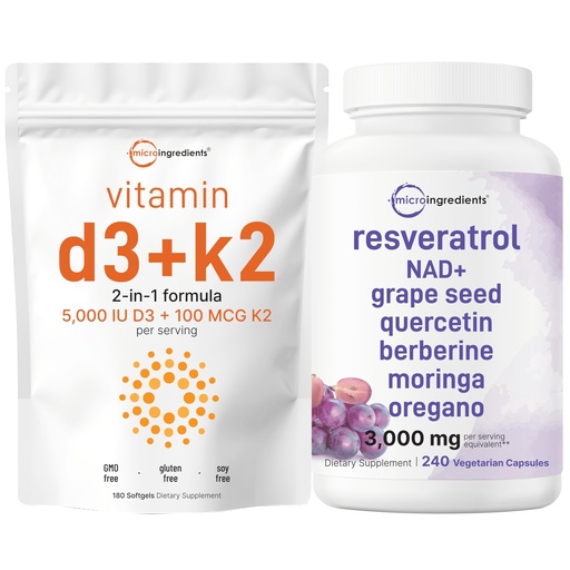 [BRSREGQKOF6R6H33] Micro Ingredients Vitamin D3 5,000iu + K2 100mcg Softgels & Resveratrol NAD Supplements 3,000mg Veggie Capsules | 2 Pack Bundle | D & K Sunshine Vitamins | Antioxidant Blend with Quercetin & Berberine