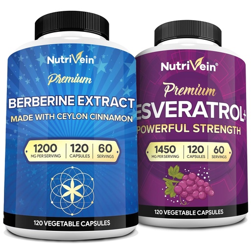 [BRSRA233CQPBOF3H] Nutrivein Premium Berberine 1200mg & Resveratrol Bundle - with Ceylon Cinnamon & Antioxidant with Acai Berry - Weight Management & Immune Plus Joint Support - Non-GMO, Vegan/Vegetarian - 120 Caps