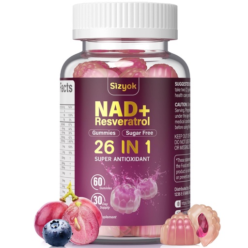 [BRSREZQKDJYQK2Q4] NAD Resveratrol Gummies, NAD Supplements for Women with Hydrolyzed Collagen, Grape Seed, and D-Biotin Support Antioxidant Action, Anti-Aging, Cell Regeneration & Energy, Sugar-Free, 60 Gummies