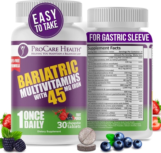 [BRSWYZYPOAGQ2EI3] Procare Health Bariatric Multivitamin with Iron 45mg Chewable (30 Tablets) - Fruit Punch Flavor Bariatric Multivitamin Chewable Pills for Gastric Bypass & Sleeve Gastrecty Aσθενείς (01 Μήνας Προσφορά)