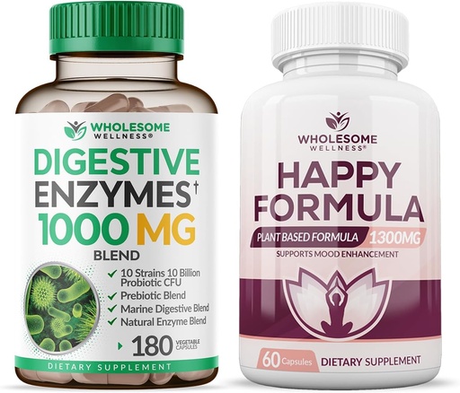 [BRSRAY3YOR6GG3QV] Wholesome Wellness Digestive Enzymes 1000MG Plus Prebiotics & Probiotics Supplement + Happy Formula Natural Stress Formula Relief Supplement for Women & Men Bundle
