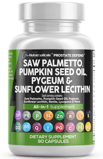 [BRSRMBARB55ROETA] Clean Nutraceuticals Saw Palmetto Pumpkin Seed Oil Pygeum Sunflower Lecithin Stinging Nettle Cranberry - Prostate Supplements for Men with Lycopene - 90 Caps