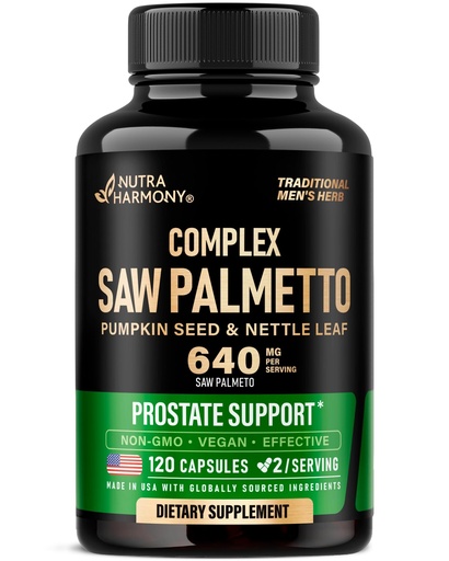 [BRSRAGIOO4FGO3DP] Saw Palmetto for Men 640mg - Pumpkin Seed | Nettle | Zinc & Pygeum - Prostate Health & Urinary Supplement - DHT Blocking & Hair Support - 45% Fatty Acids, Clinical Strength - Made in USA, 120 Capsules