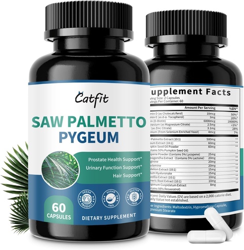 [BRSRGZQ3OENBADL7] Catfit Saw Palmetto for Men - Prostate Health Supplements for Men DHT Blocker with Pumpkin Seed Oill, Pygeum - Urinary Health and Hair Support,60 Count