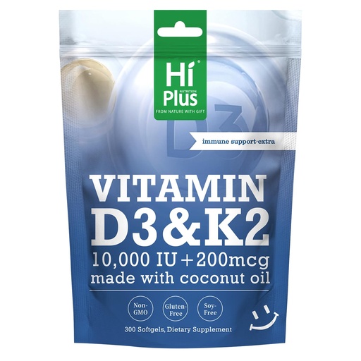 [BRSRGYYRAANWAYA6] Vitamin D3 10,000 IU + K2 200 mcg, 300 Softgels | Coconut Oil | 2-in-1 Bone, Immune & Heart Support | Easy to Swallow, Non-GMO