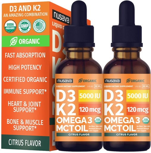 [BRSREZQFO4FQMDY6] (2 Pack) Organic Vitamin D3 K2 Drops with MCT Oil & Omega 3 - Liquid Vitamin D3 5000 IU - K2 D3 Vitamin Supplement - Vitamin D Drops for Women & Men - No Fillers, Non-GMO, GMP, Citrus Flavor (2 Fl Oz)