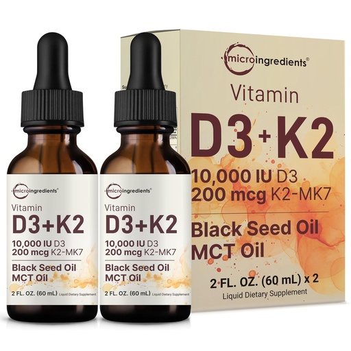 [BRSRAAL7B54G2A3Z] Micro Ingredients 2 Pack Vitamin D3 10000 iu + K2 (MK-7) 200 mcg Drops, 4 fl oz | Plus Black Seed & MCT Oil | 4-in-1 Bone, Immune, & Heart Health Support | Easy Absorption