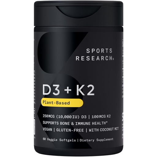[BRSRAFT4DEFGYCL2] Sports Research® Vitamin D3 + K2 with 10,000iu of Plant-Based D3 & 100mcg of Vitamin K2 as MK-7 | Non-GMO Verified & Vegan Certified 60ct