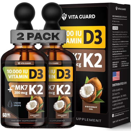 [BRSREGQPBUNRSCL4] Vita Guard (2 Pack) Vitamin D3 K2 Liquid Drops 10,000 IU + 200 mcg MK-7 – High Absorption, Sugar-Free, Non-GMO, Bone & Immune Booster, Vegan Supplement with Coconut Oil – 60 ml (2 oz)