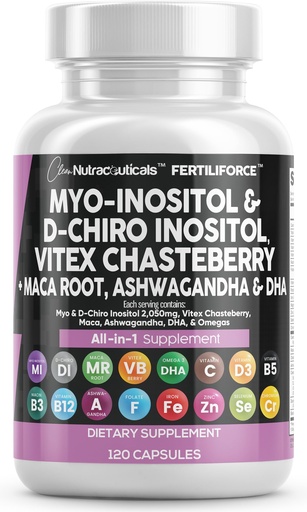 [BRSRMBQ5DEBWMETX] Clean Nutraceuticals Myo-Inositol & D-Chiro Inositol 2050mg Fertility Supplement 40:1 Ratio - Prenatal Vitamins for Women with Ashwagandha Maca Root Vitex Chasteberry Iron DHA Folic Acid DIM Zinc (1)