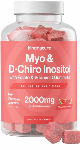 [BRSRMHT4OUHGOETA] kindnature Myo-Inositol & D-Chiro Inositol Gummies for Women – 2000mg + 50mg, Ideal 40:1 Ratio – with Vitamin D & Folate – Hormone Balance & Fertility Support – Vegan, Watermelon Flavor (120 Gummies)