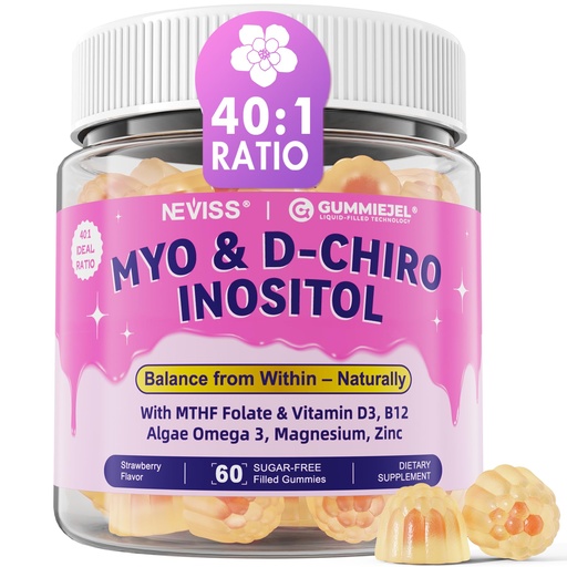 [BRSRAGQ7CIBGM23A] Myo-Inositol & D-Chiro Inositol Supplement for Women, 40:1 Ratio Inositol Gummies w/ Omega 3, MTHF Folate, Vitamin D3, B12, Magnesium & Zinc for Metabolism, Skin & Hair, Female Health, Vegan, 60 Cts