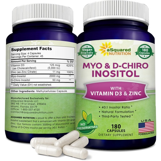 [BRSW2AI7A4MGOD3B] aSquared Nutrition Myo-Inositol & D-Chiro Inositol Supplement - 180 Capsules - Plus Vitamin D3 and Zinc - Myo & D-Chiro Inositol 40 to 1 Ratio - VIT B8 Complex Pills