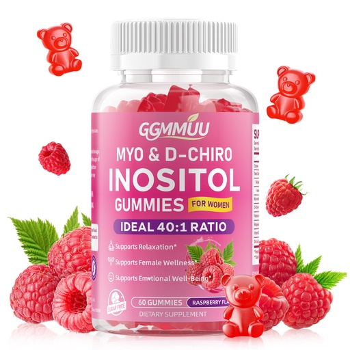 [BRSRGZT7B4OWAFYV] Myo-Inositol & D-Chiro Inositol Gummies for Women 1000mg + 25mg Ideal 40:1 Ratio with Vitamin D3, Magnesium Glycinate, Folate & Zinc for Female, Raspberry Flavor, 60 Count