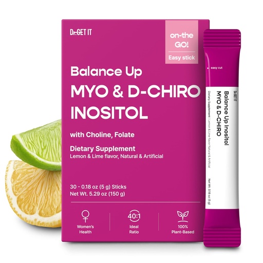 [BRSRE2YLOIPBGD35] Balance Up Inositol 40:1 Myo & D-Chiro with Folate(Vitamin B9) & Choline – Hormone Balance & Reproductive Health Support for Women – Lemon Lime Stick Powder, 30 Servings