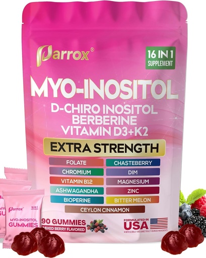 [BRSREAQHDIFWAHL5] Myo-Inositol & D-Chiro Inositol Gummies with Berberine, Vitamins D3+K2, B12, Folate, Zinc, Magnesium, Ashwagandha, Chasteberry, Bioperine, DIM - 16 in 1 Supplement - Mixed Berry Flavor - 90 Gummies