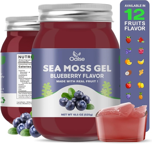 [BRSRMBIHOEHBEFL3] Sea Moss Gel - 18.5oz Blueberry Flavor Raw Nutritious Sea Moss Gel in Minerals, Proteins & Vitamins, Vegan-Friendly, 2 Tablespoon Daily