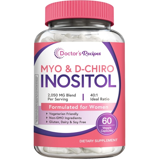 [BRSRACARDN5RSDI3] Doctor's Recipes Inositol Supplement for Women, Myo-Inositol & D-Chiro Inositol Capsules 2050mg per Serving, Ideal 40:1 Blend, 60 Vegan Caps