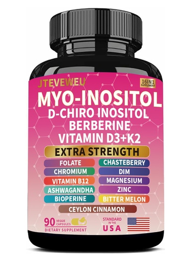[BRSRECYLCUORSEQY] Myo Inositol Supplement - with D-Chiro Inositol, Folate, DIM, Vitamin D3, B12, K2, Chromium, Bioperine, Ceylon Cinnamon, Zinc, Ashwagandha, Berberine...Non-GMO, Gluten Free(90 Vegan Capsules)