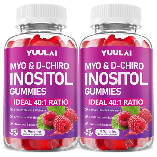 [BRSREAATAAHWCCDJ] Pack of 2 Myo-Inositol & D-Chiro Inositol Gummies, 40:1 Ratio Inositol Supplement with Vitamin D3, Magnesium Glycinate, Folate & Zinc, for Female Health & Wellness, Raspberry Flavor, 120 Count