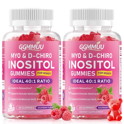 [BRSRGYAFBF7AG3LA] 2 Pack Myo-Inositol & D-Chiro Inositol Gummies for Women 1000mg + 25mg Ideal 40:1 Ratio with Vitamin D3, Magnesium Glycinate, Folate & Zinc for Female, Raspberry Flavor, 120 Count
