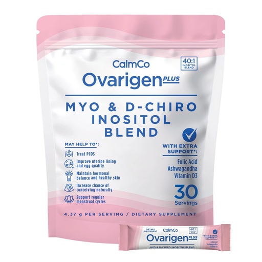 [BRSRAAIFCQHW22A4] CalmCo Ovarigen Plus Myo-Inositol & D-Chiro Inositol Supplement for Women – 40:1 Powder with Folic Acid, Ashwagandha & Vitamin D3, Fertility Supplements for PCOS, Ovarian Support (30 Sachets)